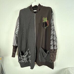 Staley Gretzinger Womens Mixed Print Art to Wear Jacket L/XL Black Pockets Boho